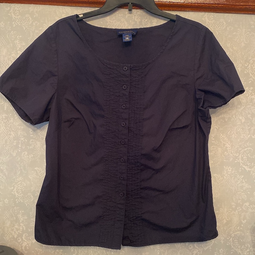 C Club 14W Navy Blue Cotton Button Down Short Sleeve W22 L26  Free with Bundle